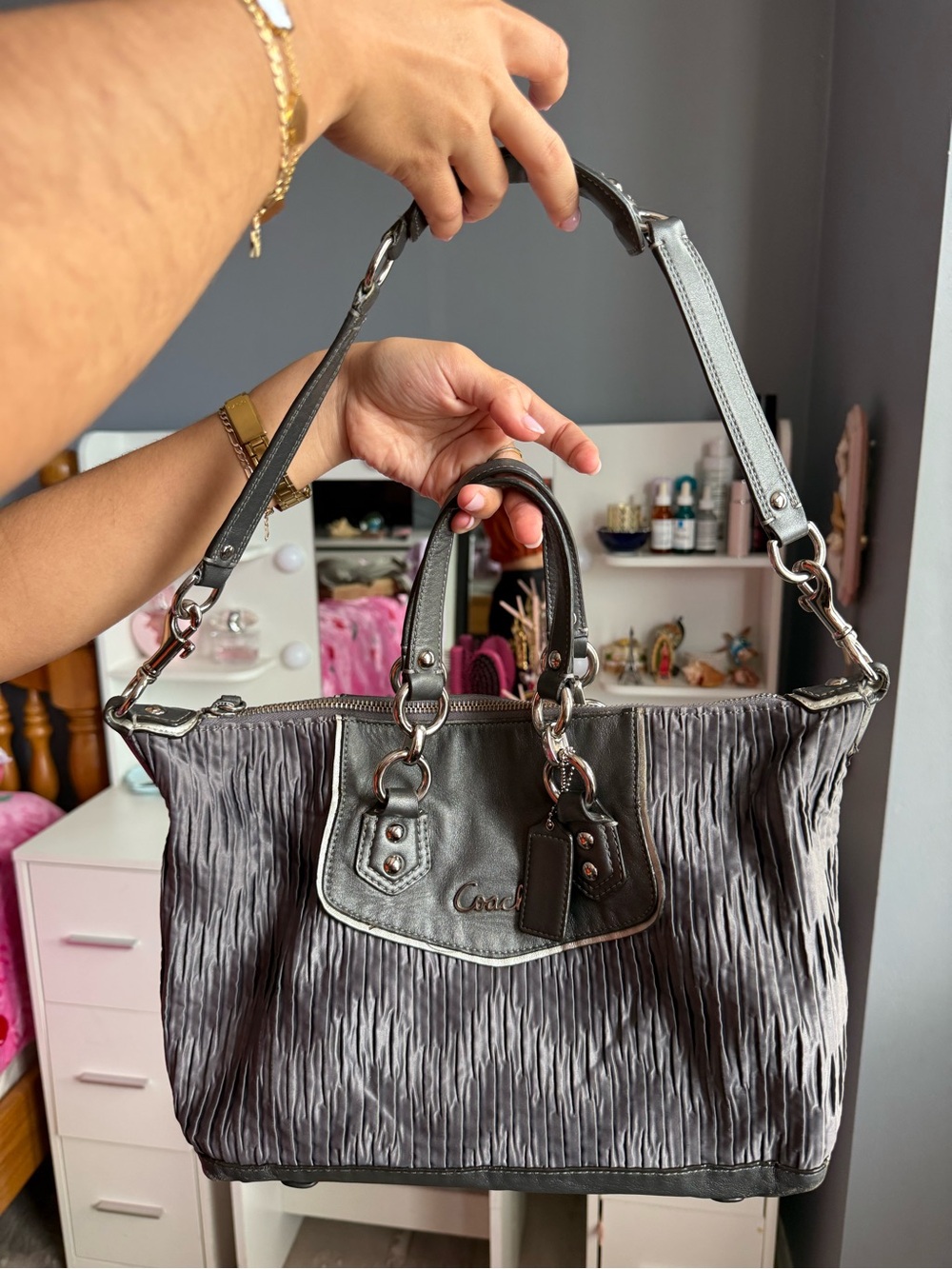 Coach Pleated Metallic Satin & Leather Shoulder Bag / Satchel (Style F20034)